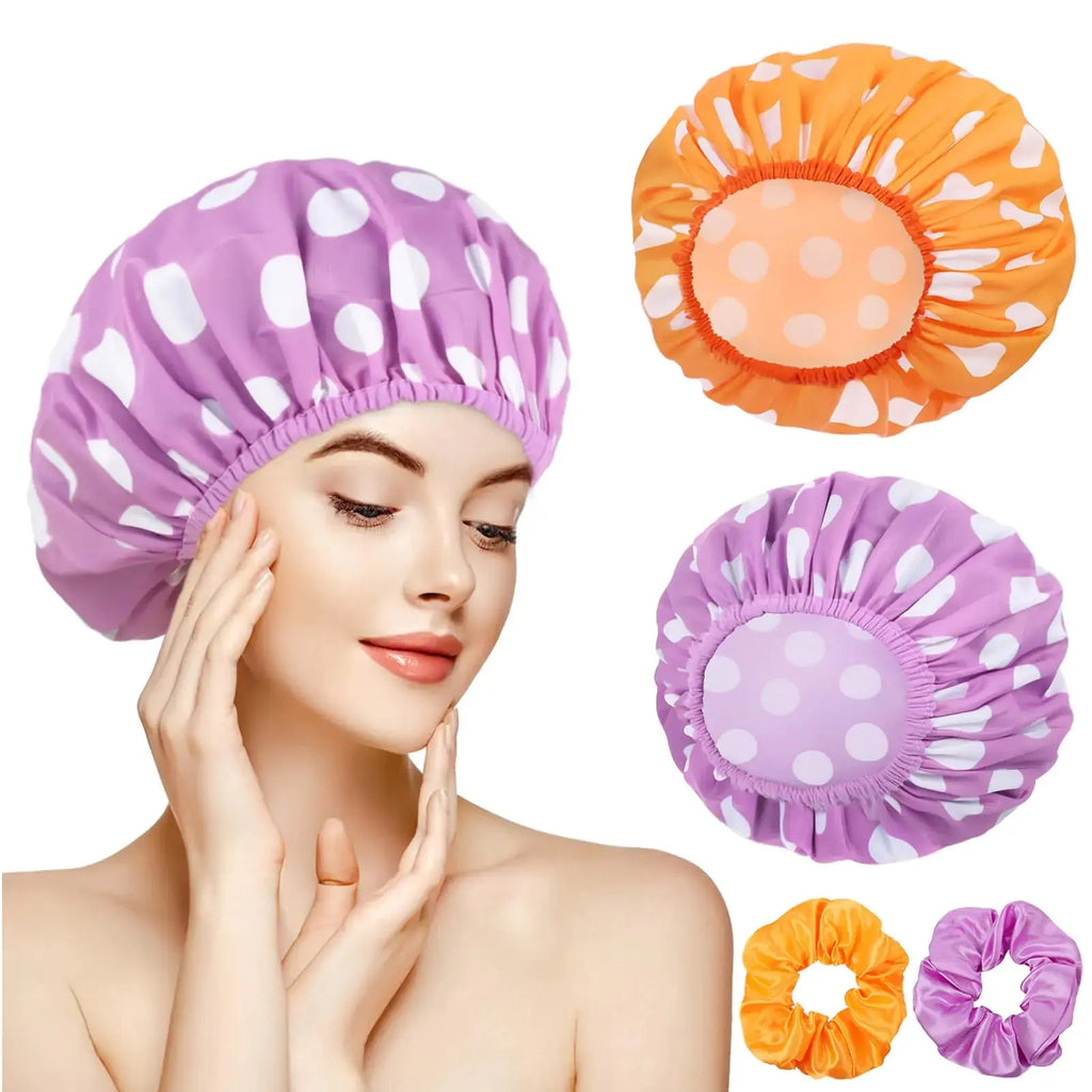 2 Packs Large Shower Caps for Women, Reusable Waterproof Shower Caps with Hair Scrunchies for Long Hair
