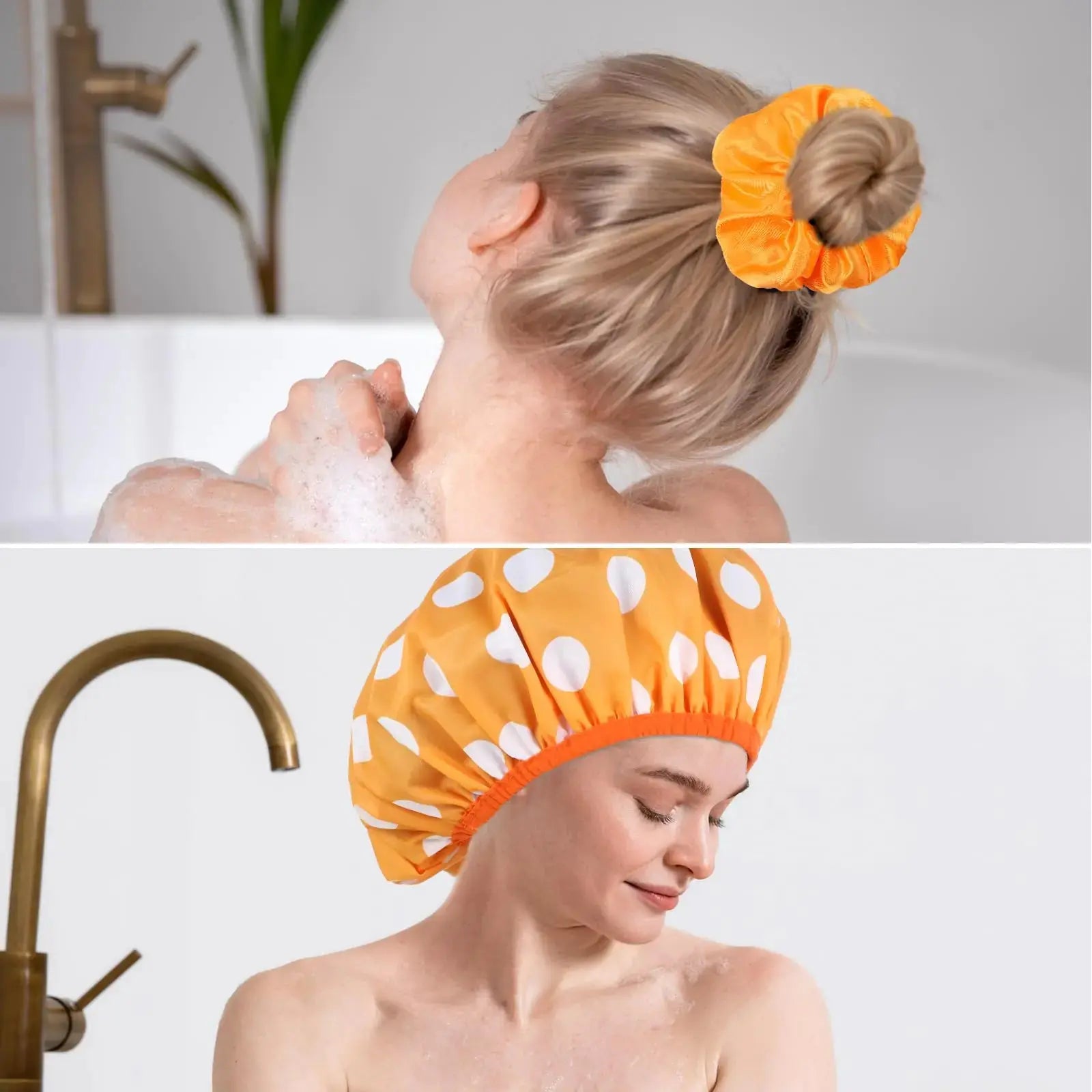 2 Packs Large Shower Caps for Women, Reusable Waterproof Shower Caps with Hair Scrunchies for Long Hair