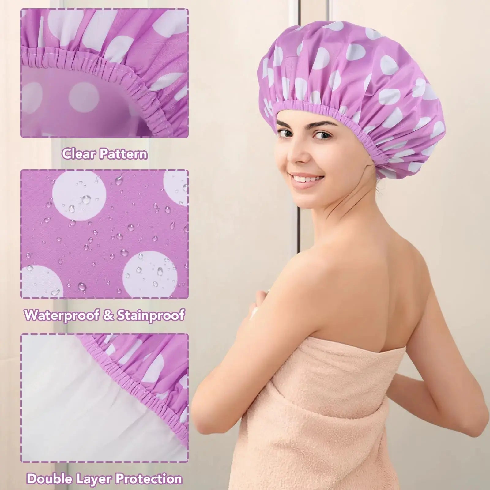 2 Packs Large Shower Caps for Women, Reusable Waterproof Shower Caps with Hair Scrunchies for Long Hair