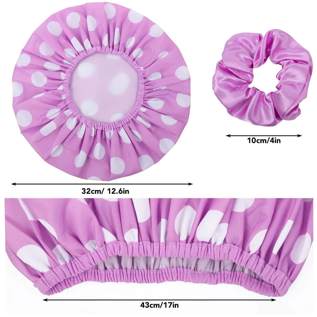 2 Packs Large Shower Caps for Women, Reusable Waterproof Shower Caps with Hair Scrunchies for Long Hair