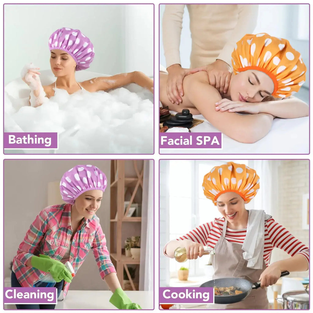 2 Packs Large Shower Caps for Women, Reusable Waterproof Shower Caps with Hair Scrunchies for Long Hair