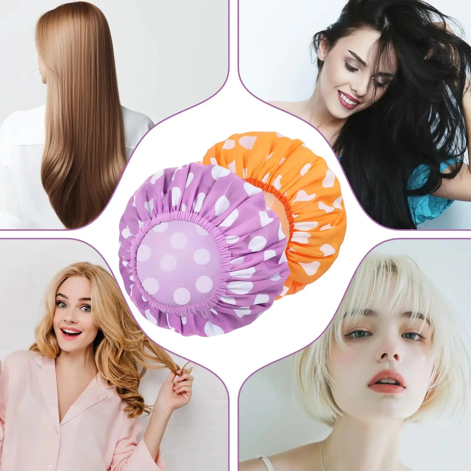 2 Packs Large Shower Caps for Women, Reusable Waterproof Shower Caps with Hair Scrunchies for Long Hair