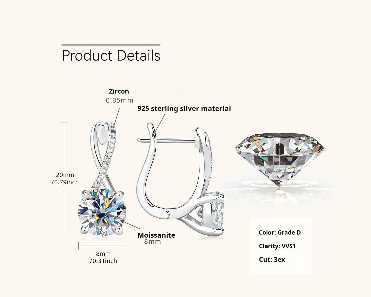 2 Ct Moissanite Clip-On Earrings 925 Sterling Silver Interlaced Studs Gift