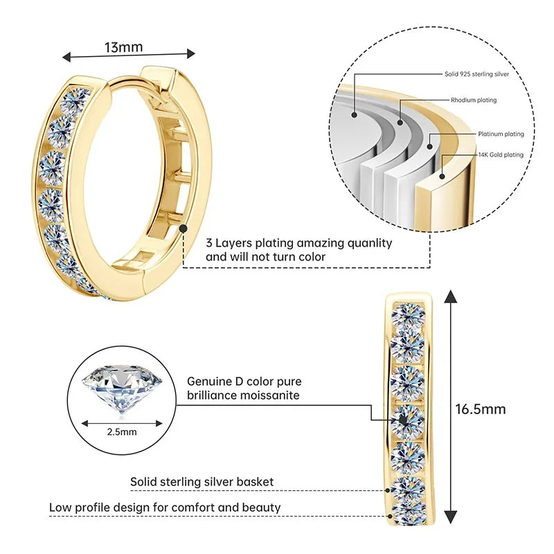 2.5mm Moissanite Hoop Huggie Earrings 925 Sterling Silver Unisex Certified Pair