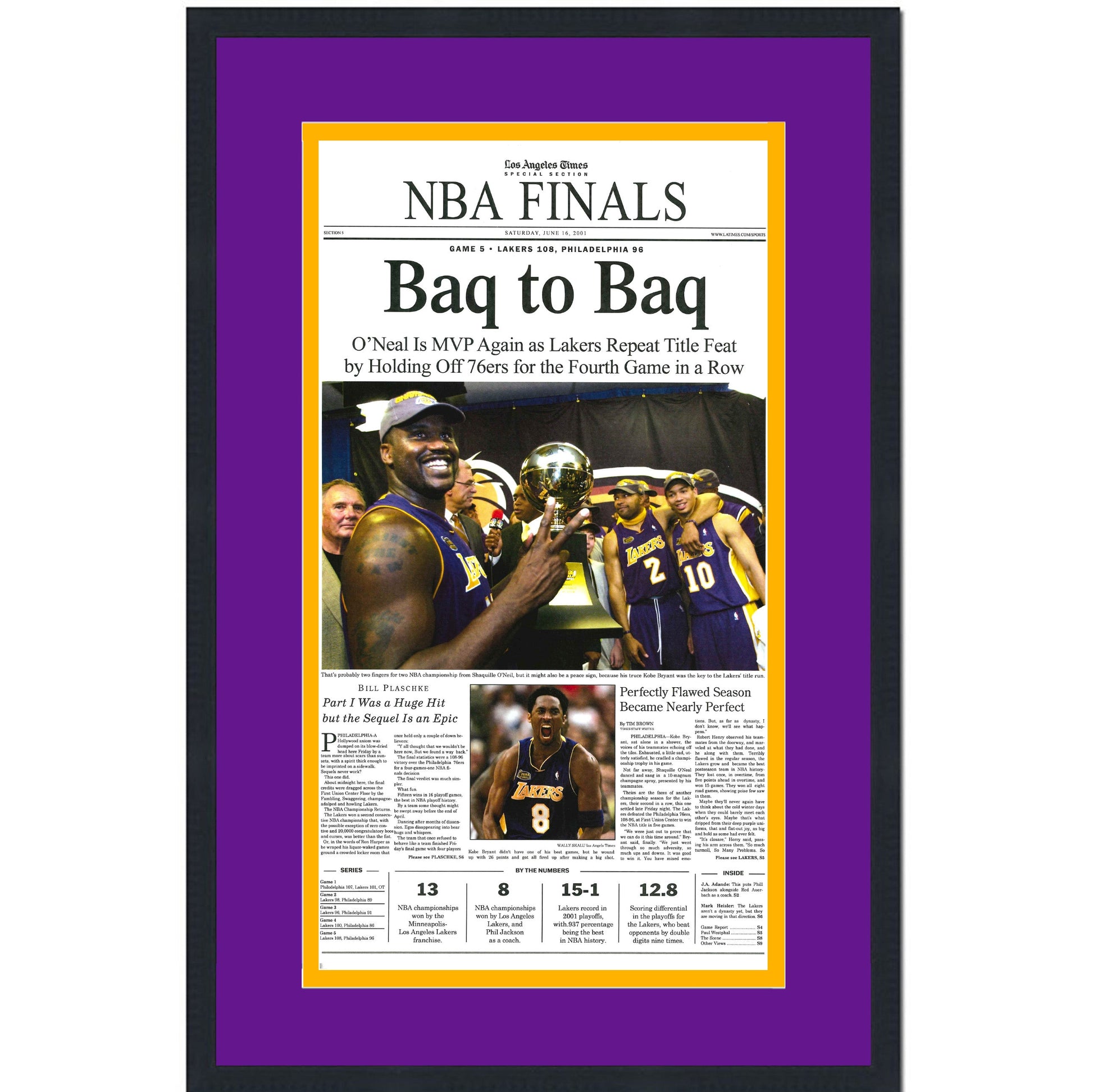 Framed Los Angeles LA Times Lakers Baq To Baq 2001 NBA Finals Champions 14x22 Basketball Newspaper Cover Photo Professionally Matted