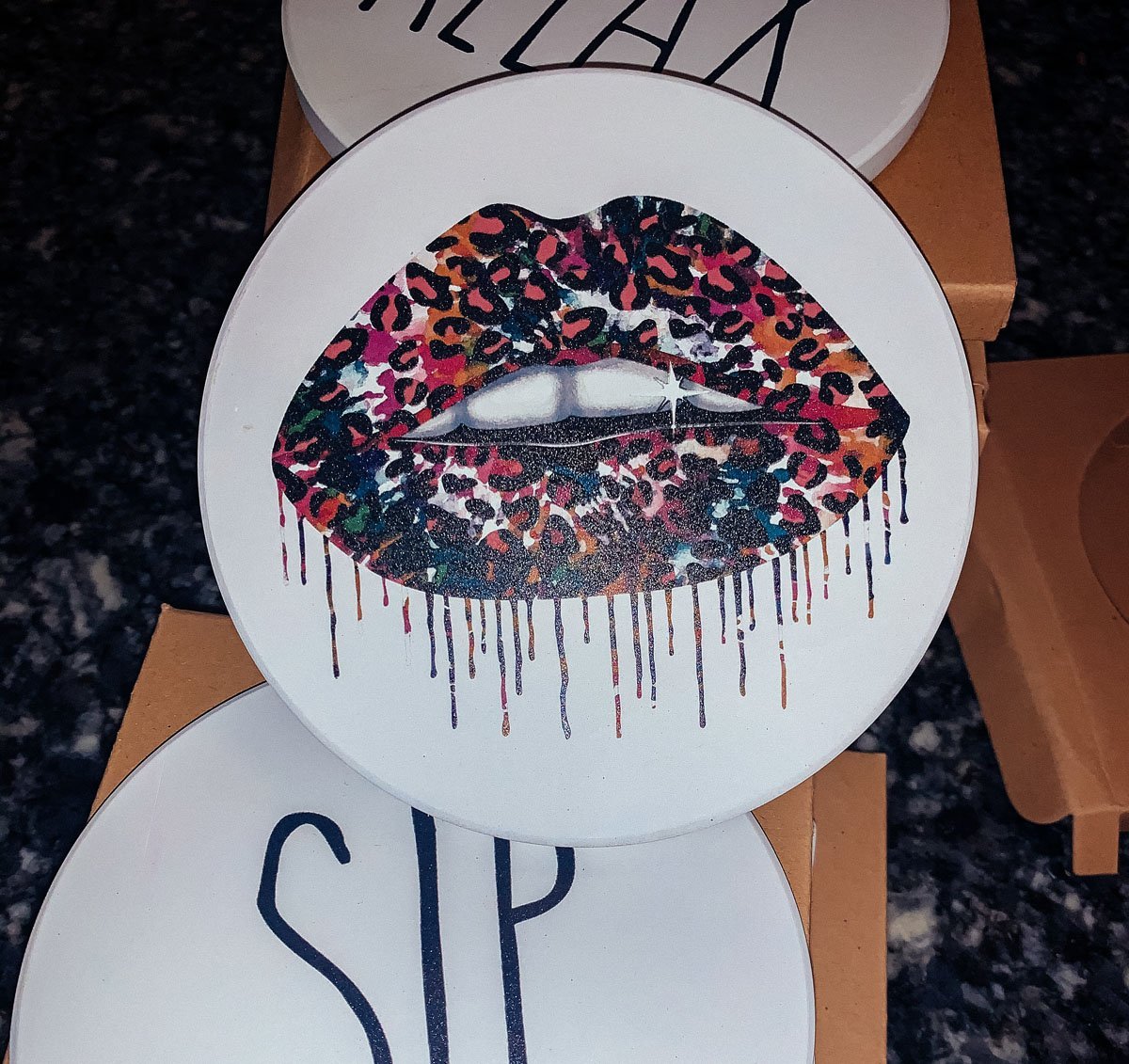 Tie Dye Leopard Lip Coaster Single Drink Coaster Animal Print Vibrant Tie Dye Table Accent
