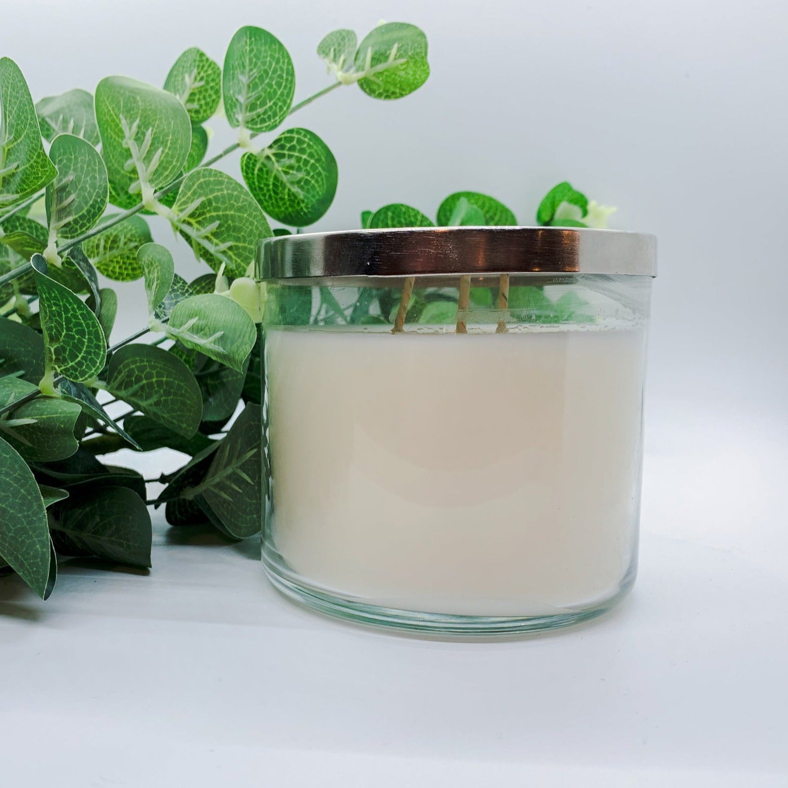 3-Wick Soy Candle 14.5oz Clear Glass Jar Silver Hammered Lid Hand-Poured USA
