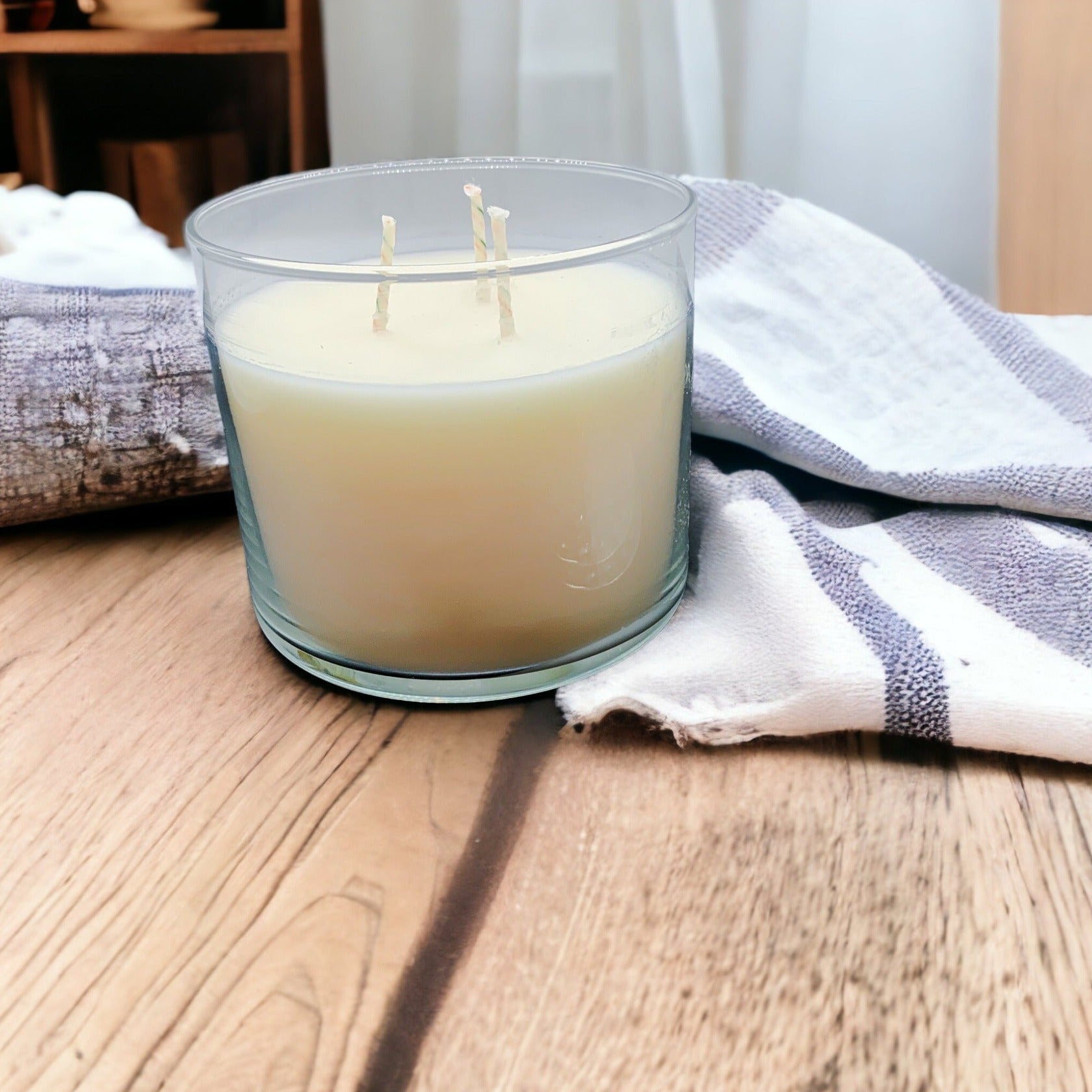 3-Wick Soy Candle 14.5oz Clear Glass Jar Silver Hammered Lid Hand-Poured USA