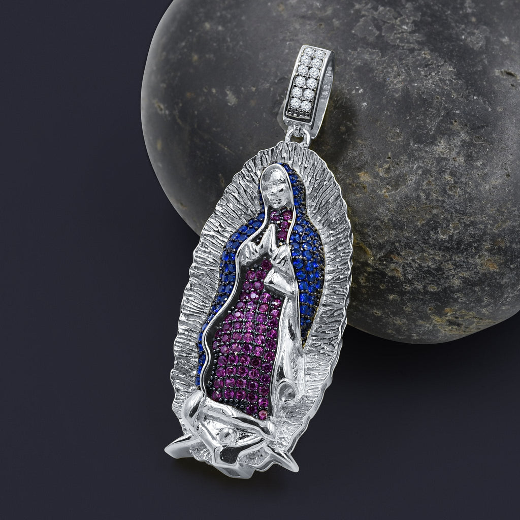 Sterling Silver Virgin Mary Pendant Blue Purple Halo