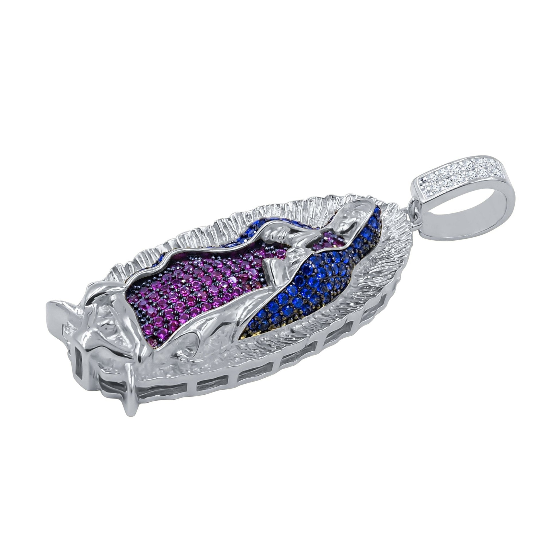 Sterling Silver Virgin Mary Pendant Blue Purple Halo