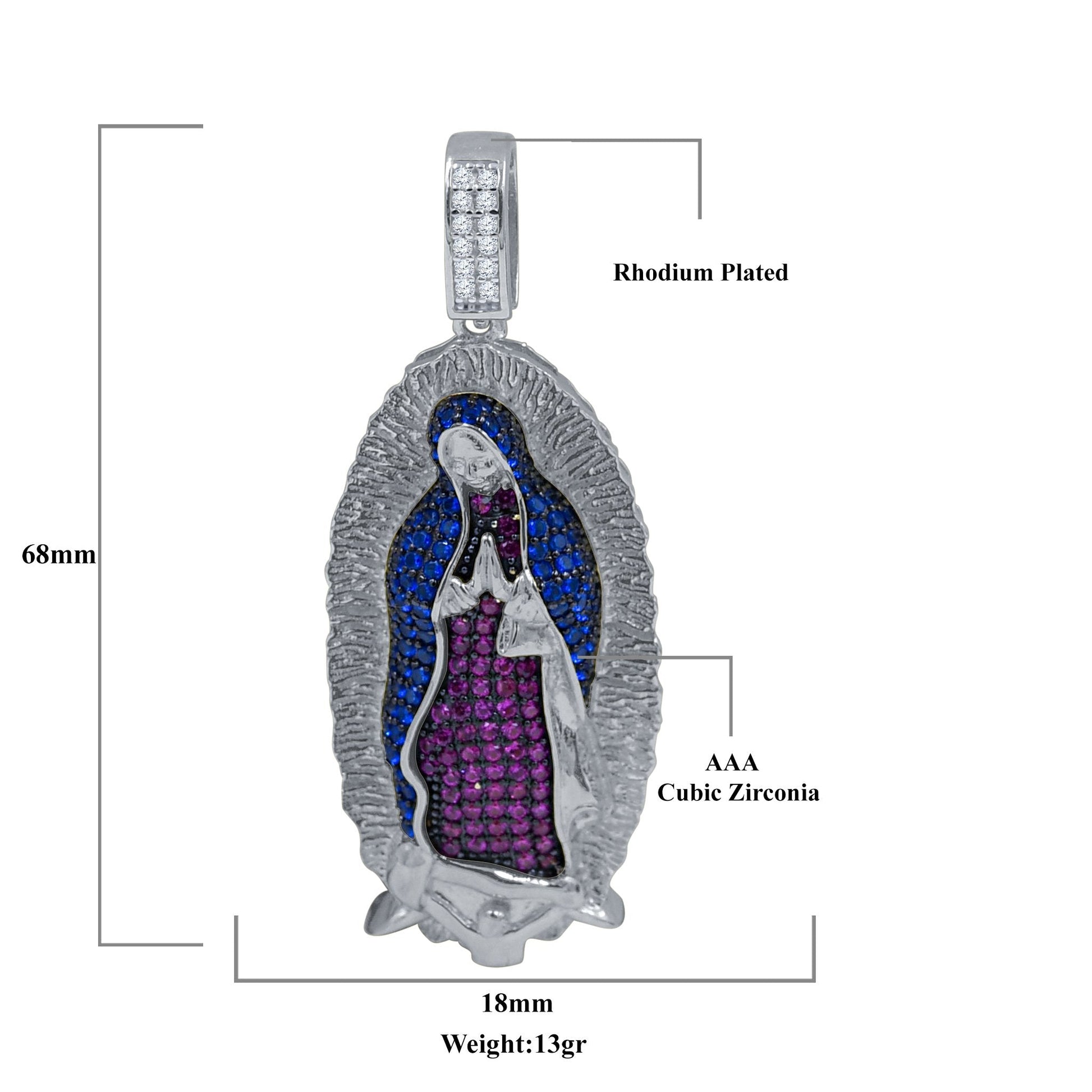 Sterling Silver Virgin Mary Pendant Blue Purple Halo