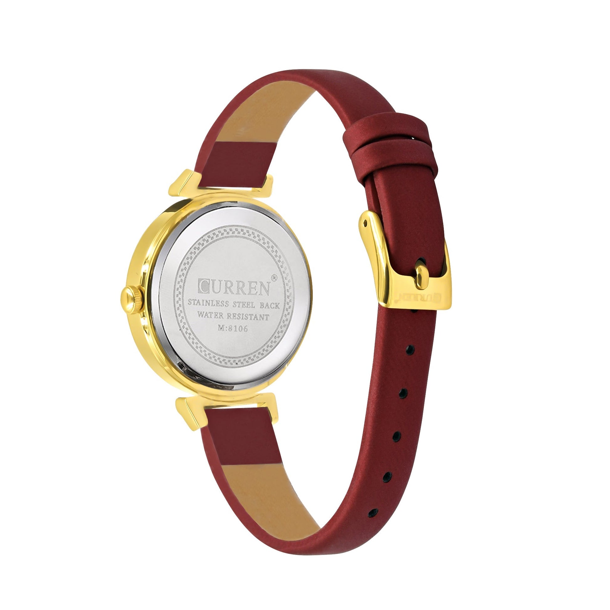 Women's Gold Tone Watch White Dial Slim Burgundy Strap