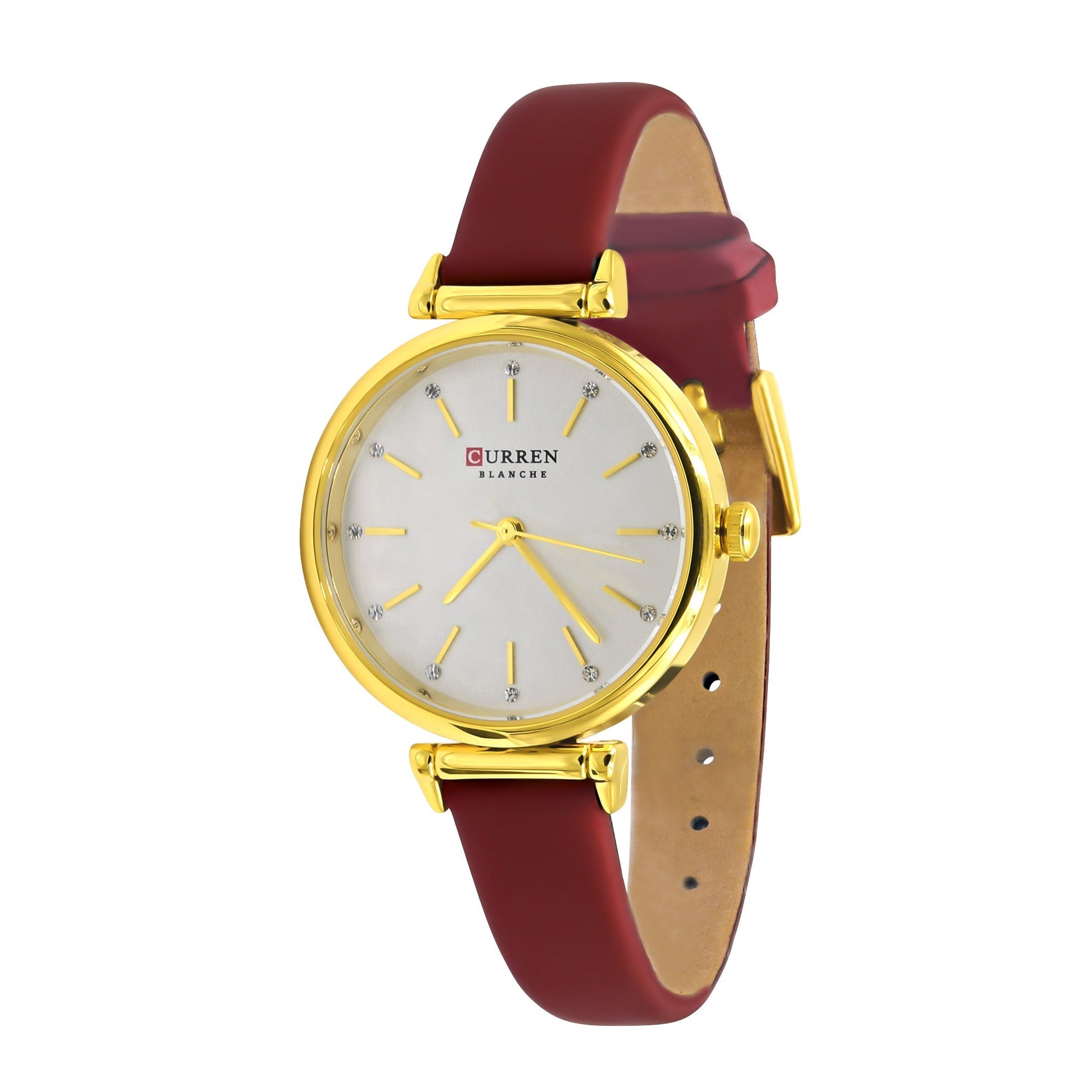 Women's Gold Tone Watch White Dial Slim Burgundy Strap