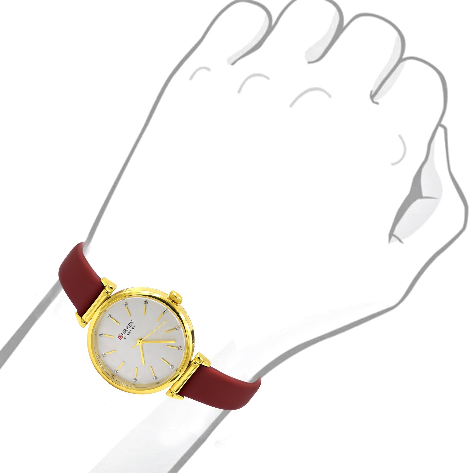 Women's Gold Tone Watch White Dial Slim Burgundy Strap