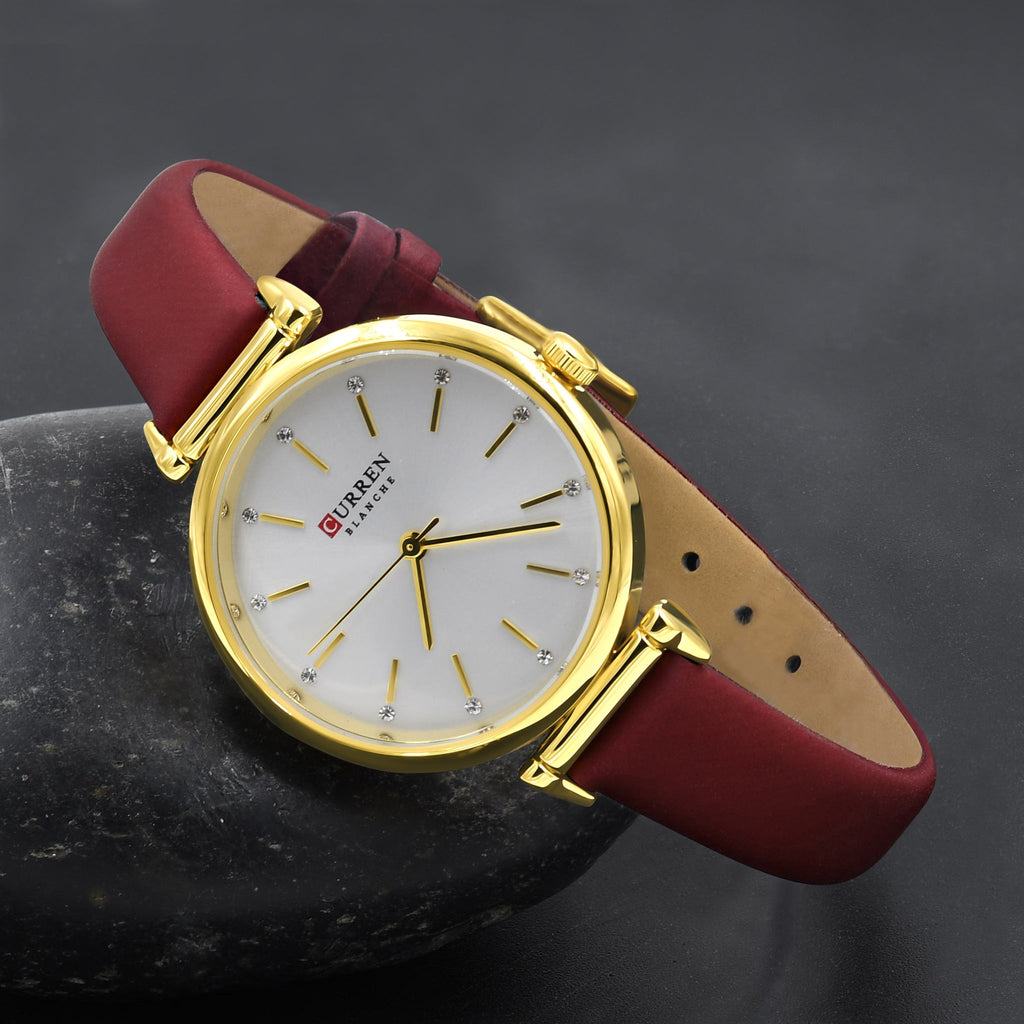 Women's Gold Tone Watch White Dial Slim Burgundy Strap