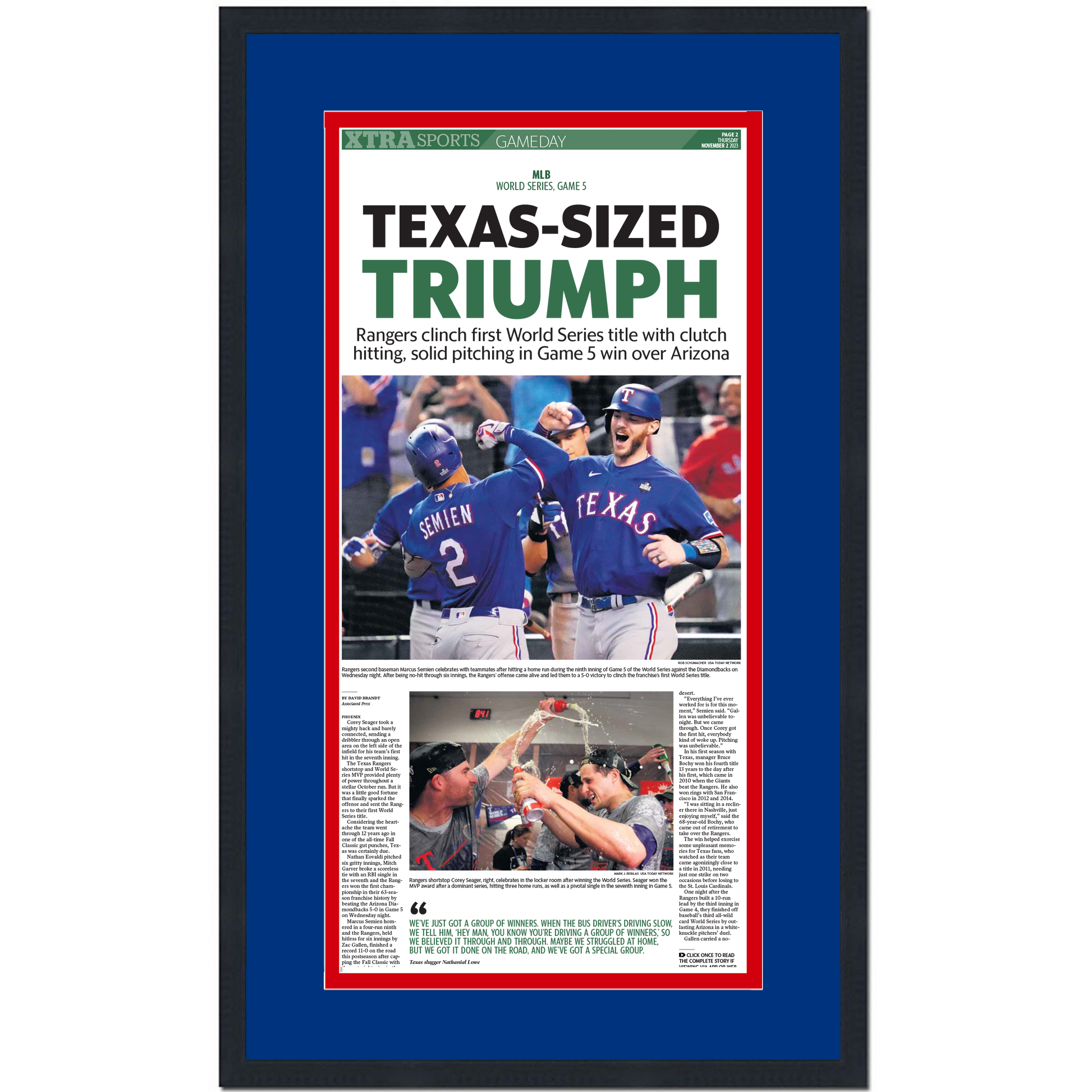 Framed Fort Worth Star-Telegram Texas Rangers Texas-Sized Triumph 2023 World Series Champions 14x24 Baseball Newspaper Cover Photo Professionally Matted V2