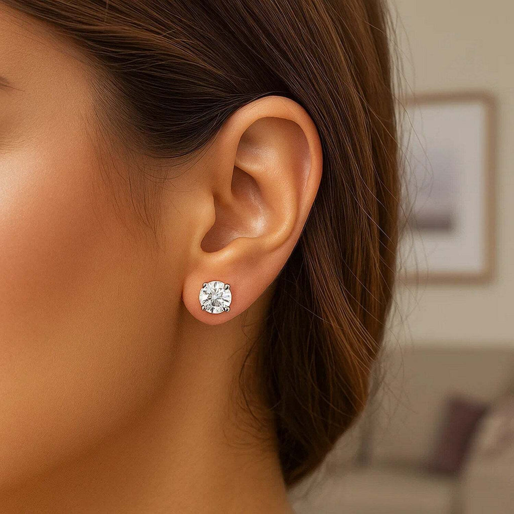 14k White Gold Stud Earrings with White Hue Faceted Cubic Zirconia(6mm)
