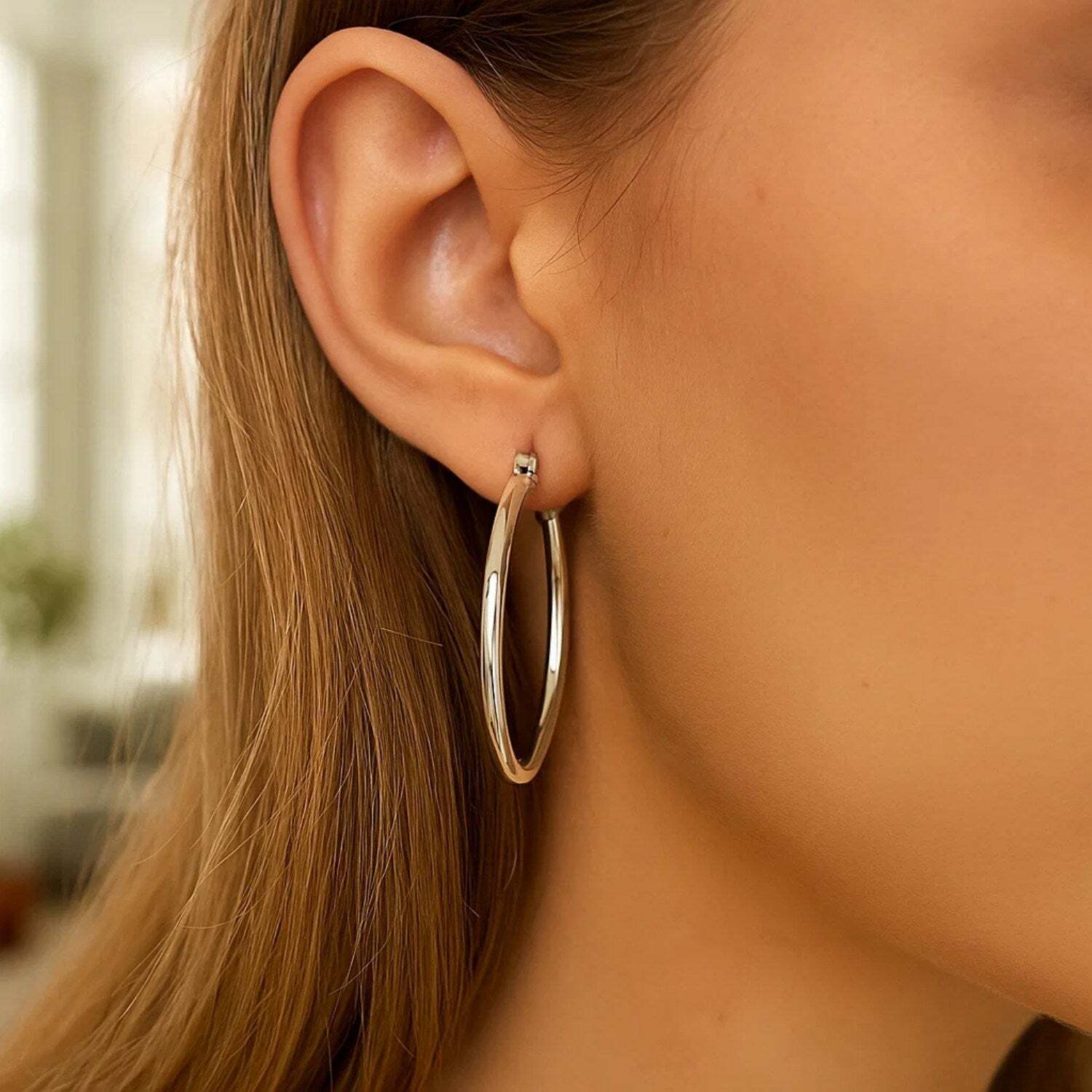 Sterling Silver Rhodium Plated Large Polished Classic Hoop Earrings (3x40mm)