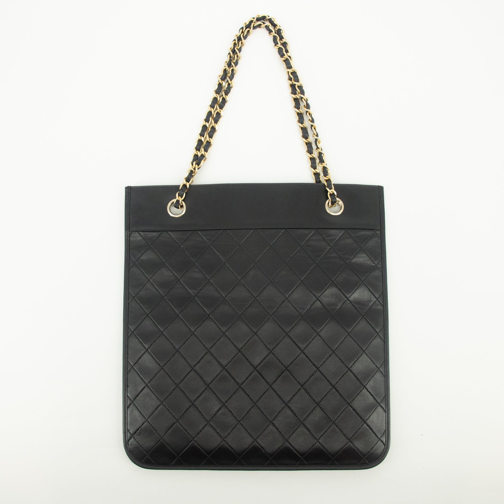 Chanel Lambskin Quilted CC Flat Tote Bag Chain Black Coco Mark #2335