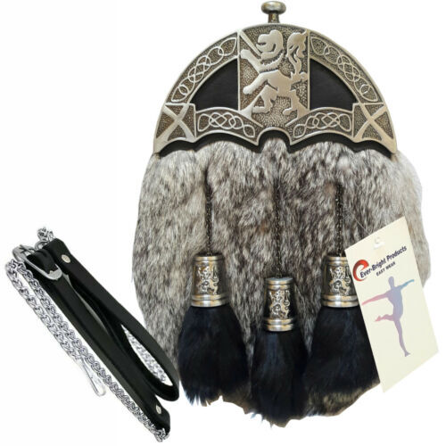 Men's Scottish Kilt Dress Sporran Rampant Lion Cantle & Tassels Caps (free belt)