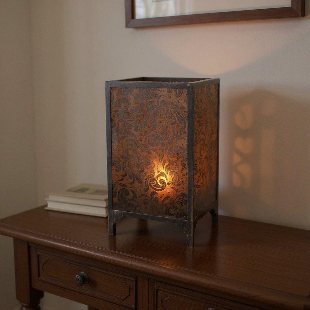 10.25 X 10.25 X 18 Brown Vintage Floral Pattern - Candle Holder