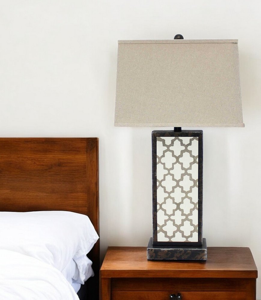 30" Distressed Bronze Metal Bedside Lamp With Beige Shade