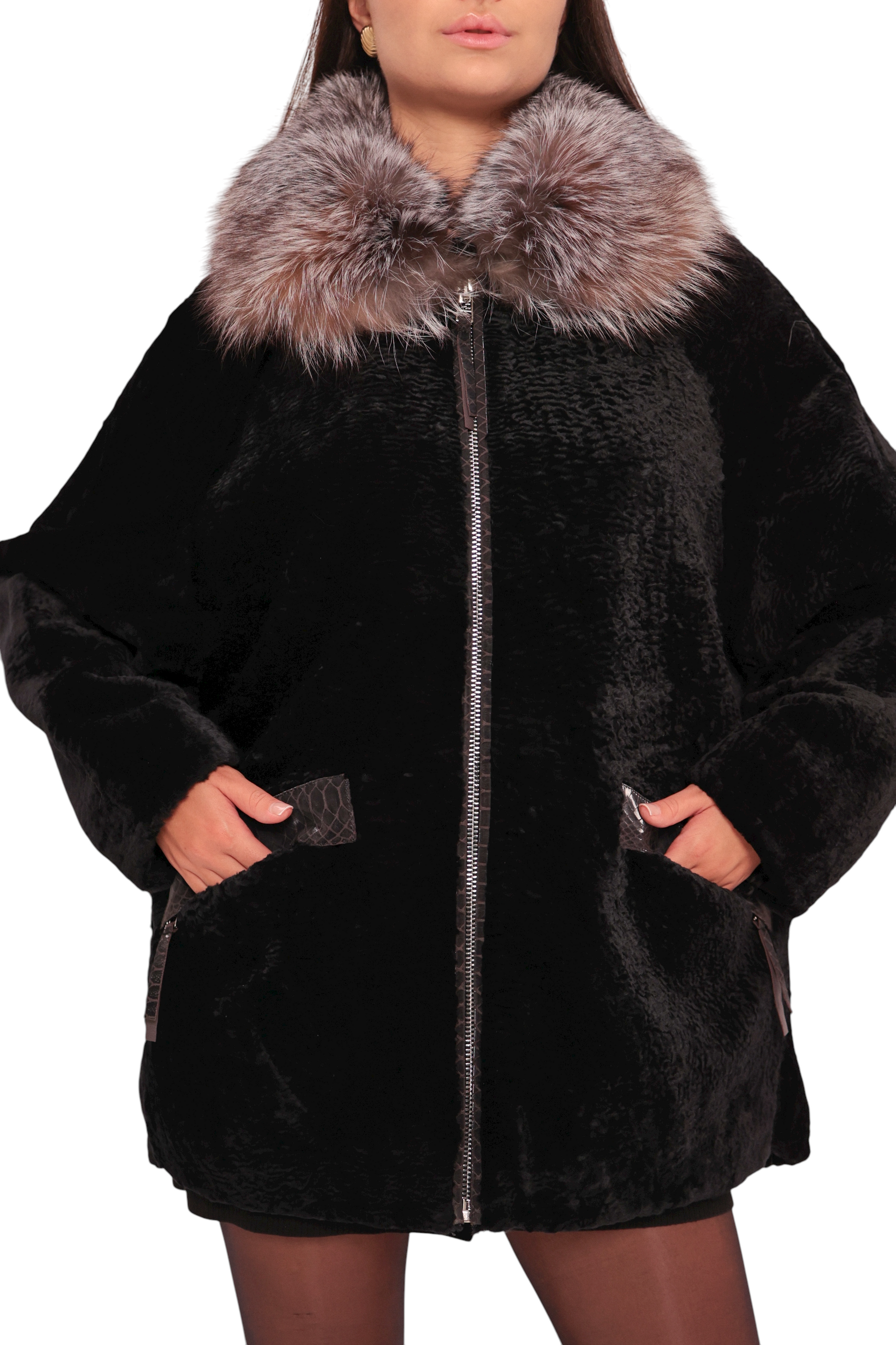 Palermo Genuine Astrakhan Silver Fox Trim Coat