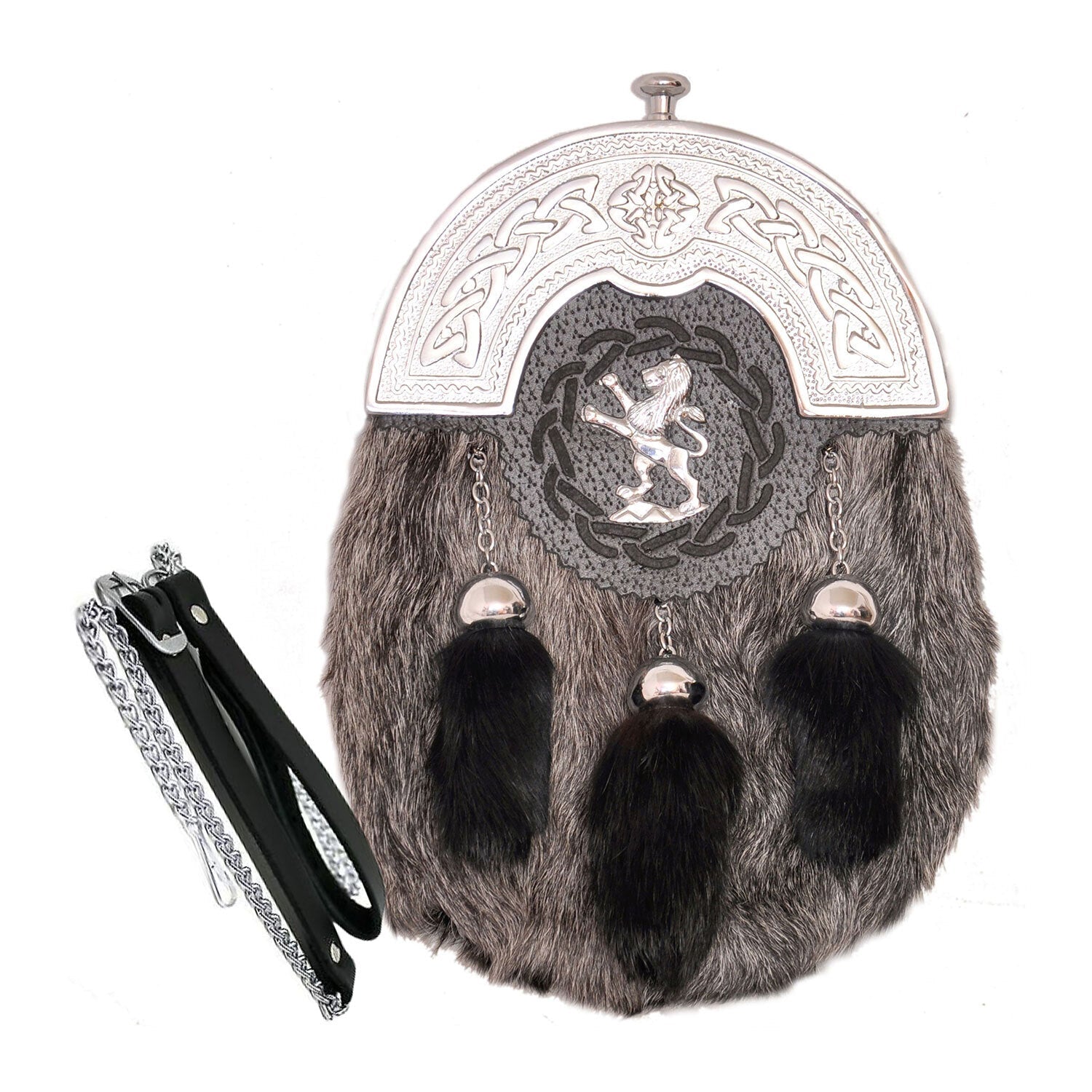 Scottish Kilt Sporran Grey Goat Skin Full Dress Sporran Celtic Chrome Cantel