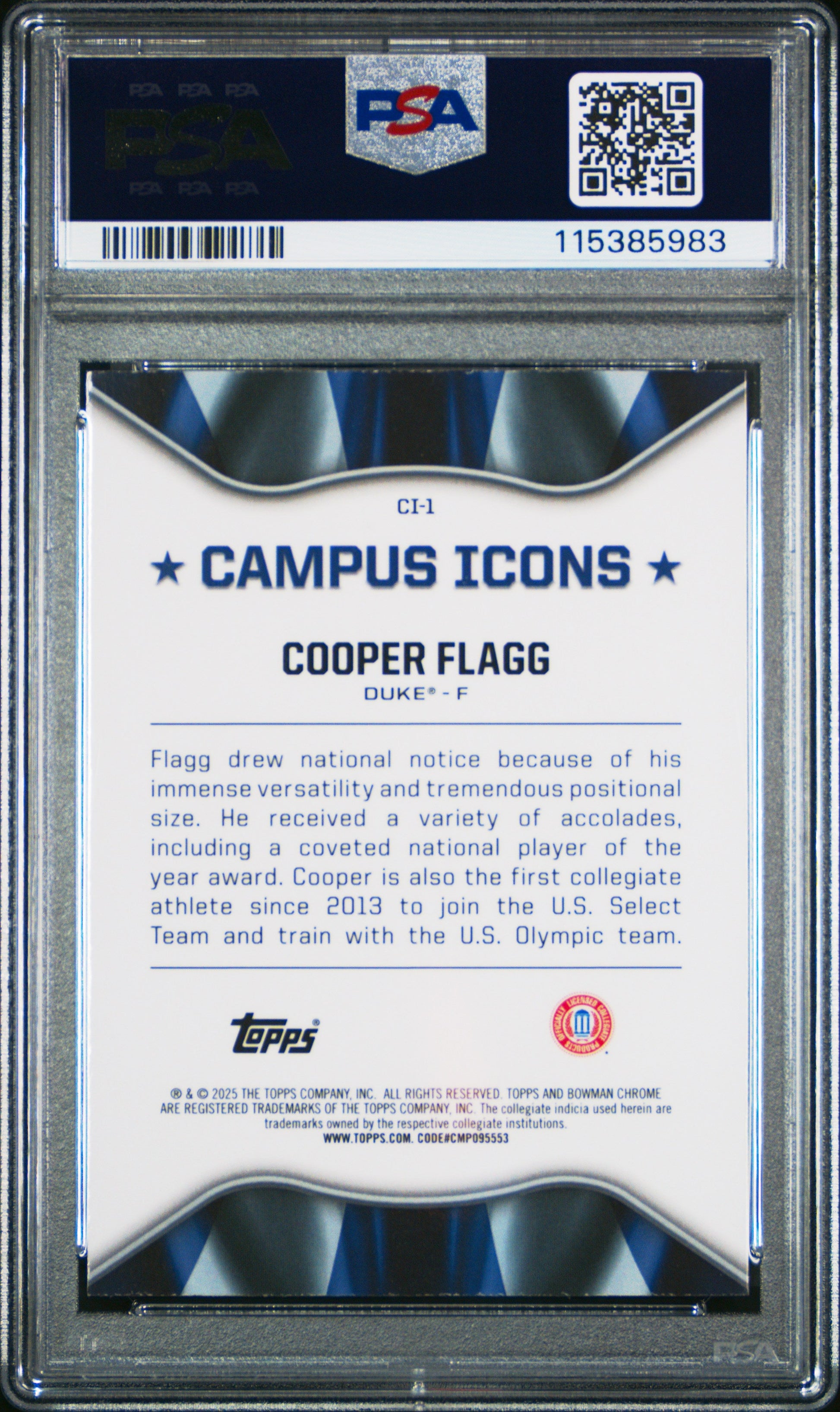 Graded 2024 Topps Bowman Chrome U Cooper Flagg #CI1 Campus Icons Rookie RC Basketball Card PSA 10 Gem Mint