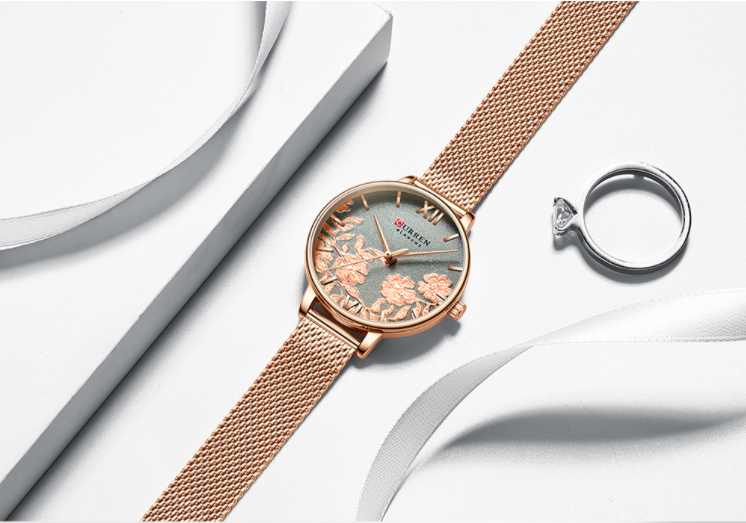 Women's Rose Gold Floral Dial Slim Mesh Strap Watch