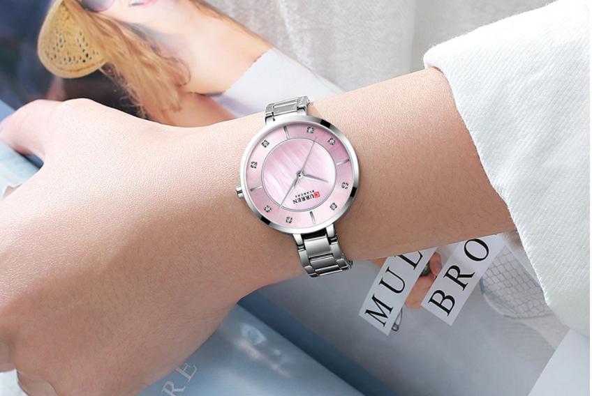 Women's Slim Stainless Link Bracelet Watch Pink Dial