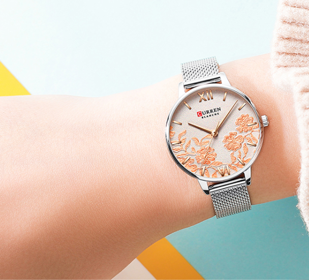 Women's Silver Mesh Watch Floral Dial Slim Dress Elegant