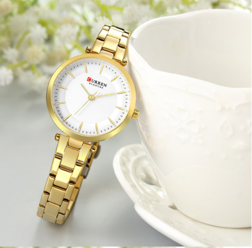 Women's Gold Stainless Steel Slim Bracelet Watch White Dial