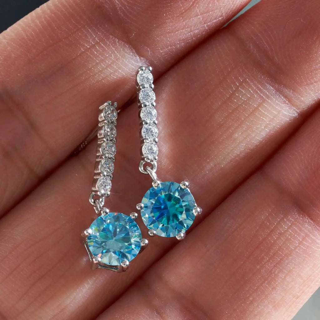 2ct Moissanite Drop Earrings 925 Sterling Silver Royal Blue Gold Accent