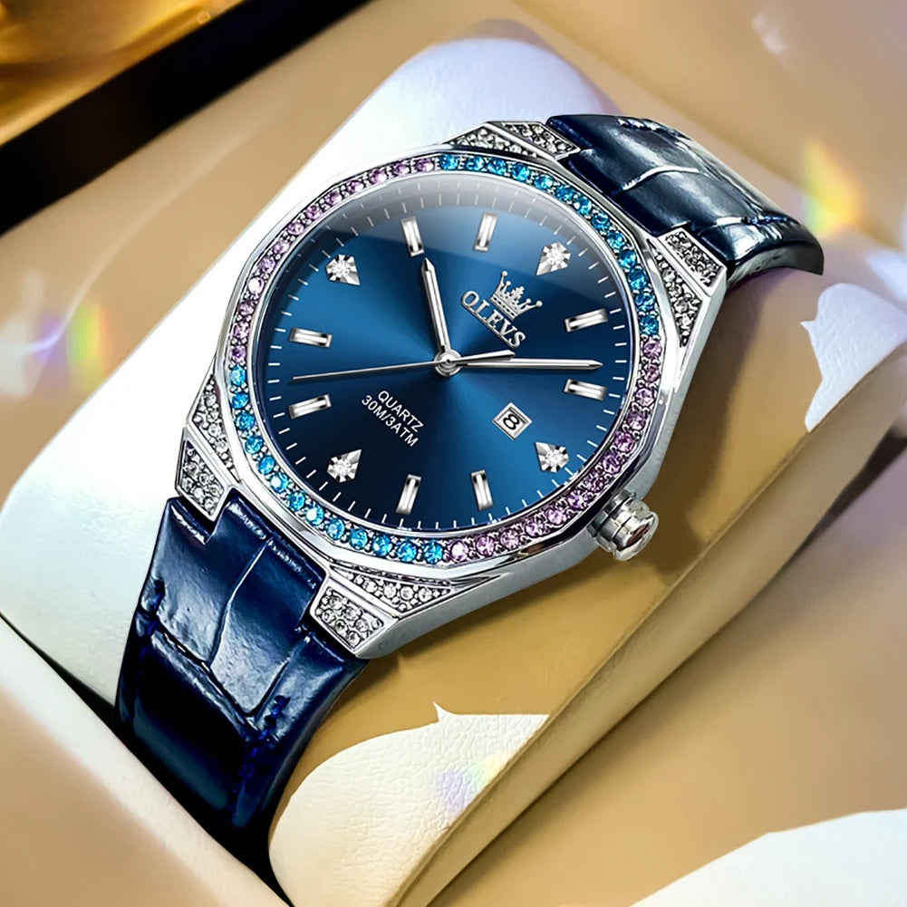 Women's Crystal Bezel White Leather Strap Watch Quartz Date