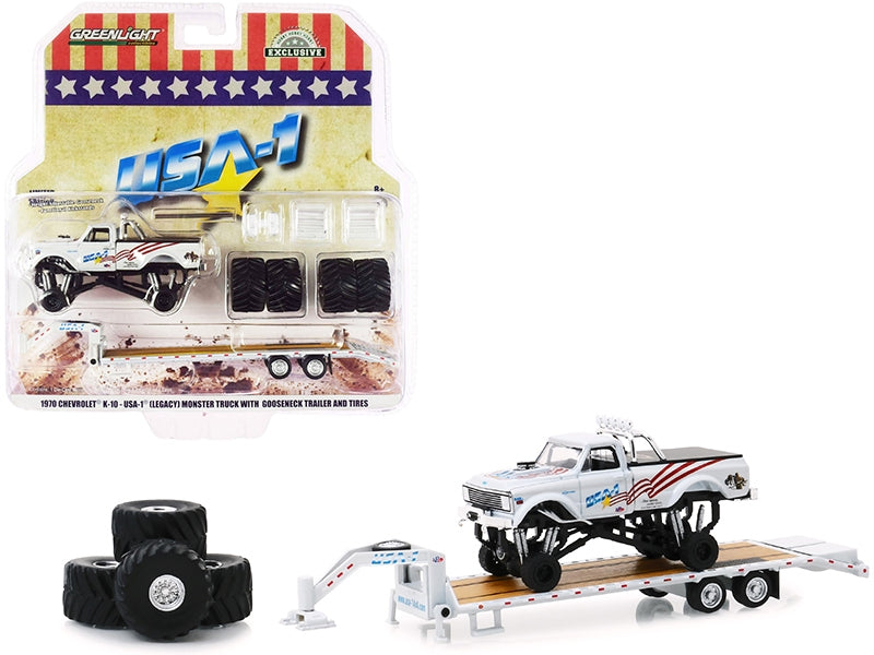 1970 Chevrolet K-10 "USA-1" (Legacy) White Monster Truck with Bed Cover with Gooseneck Trailer with Regular and Replacement 66" Tires "Hobby Exclusive" 1/64 Diecast Model Car by Greenlig
