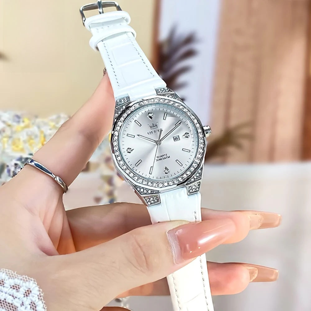 Women's Crystal Bezel White Leather Strap Watch Quartz Date