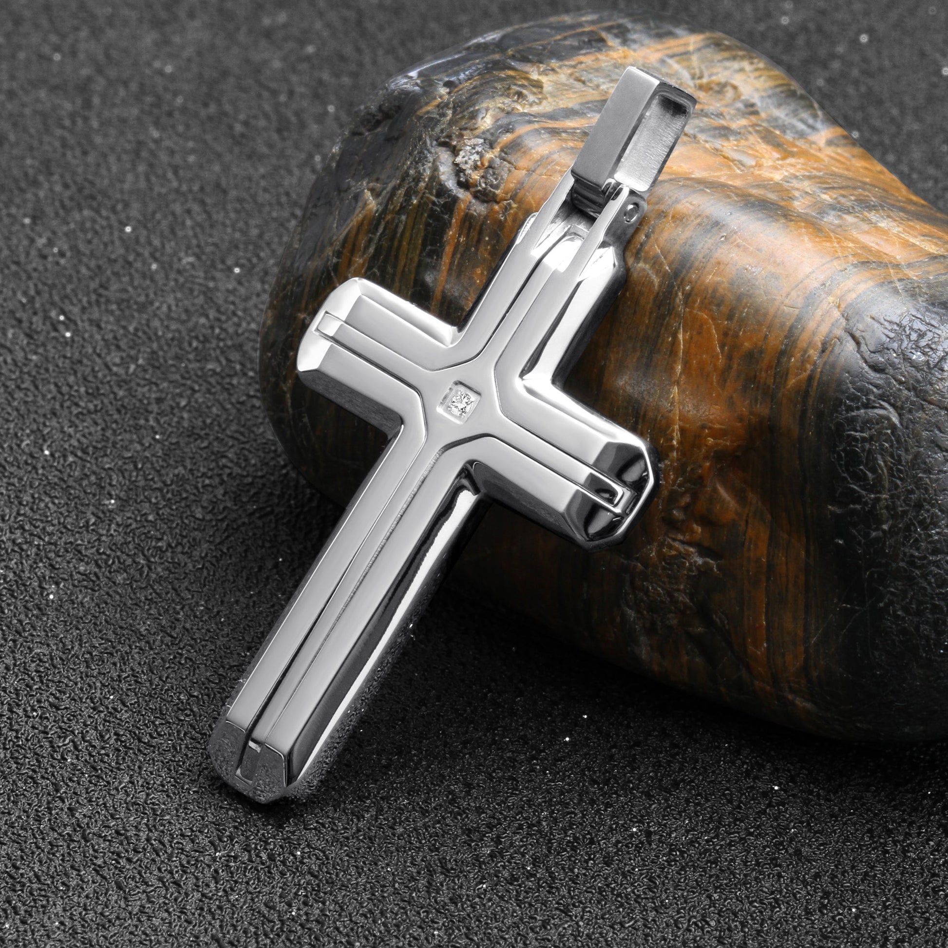 316L Stainless Steel Cross Pendant High Polish With Stone