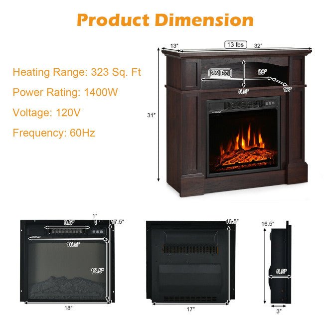 32-Inch Electric TV Stand Entertainment Center Console Fireplace W/ Mantel & Shelf, 1400W (90869345)