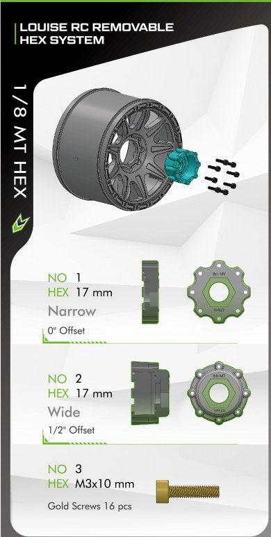 Louise R/C MT-Pioneer Sport 1/8 4.2" Monster Truck MFT Belted Tires, 17mm Hex (0" & 1/2" Offset)