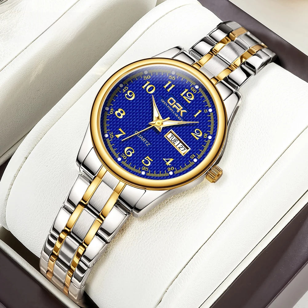 Women's Stainless Steel Blue Dial Watch Dual Calendar