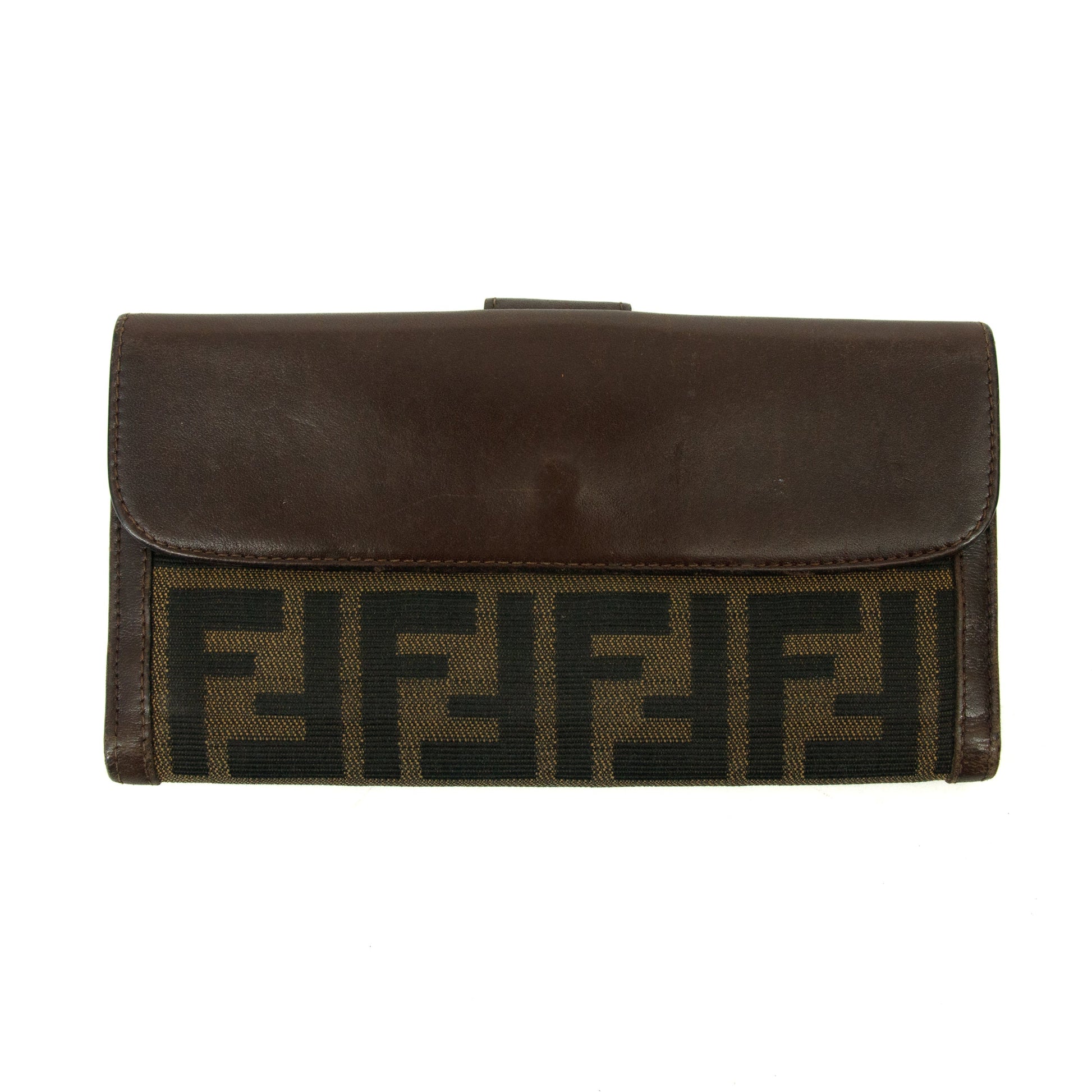 Fendi FF Zucca Leather x Canvas Brown Long Bifold Wallet  #3298