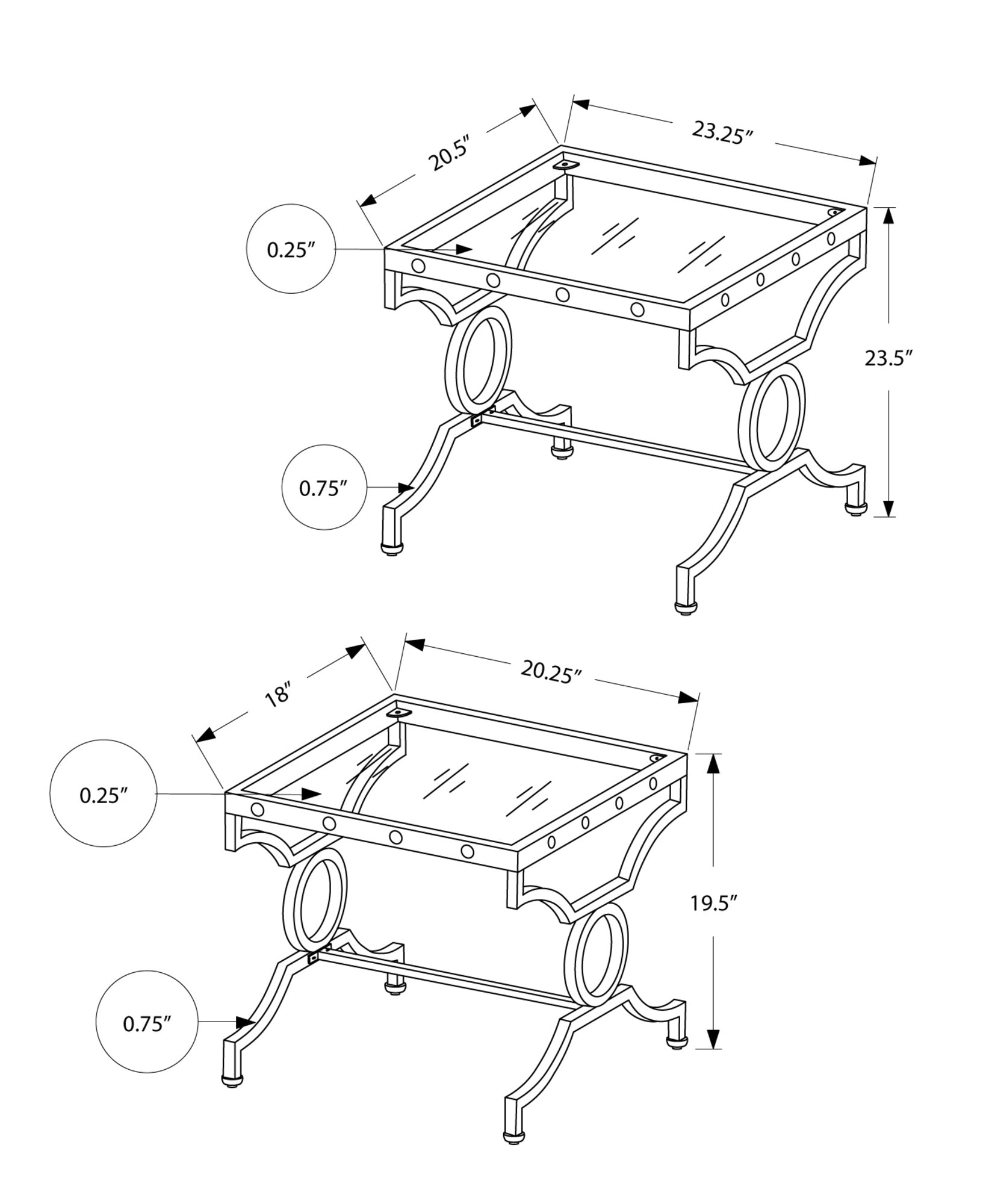 38.5" x 43.5" x 43" Silver Tempered Glass 2pcs Nesting Table Set