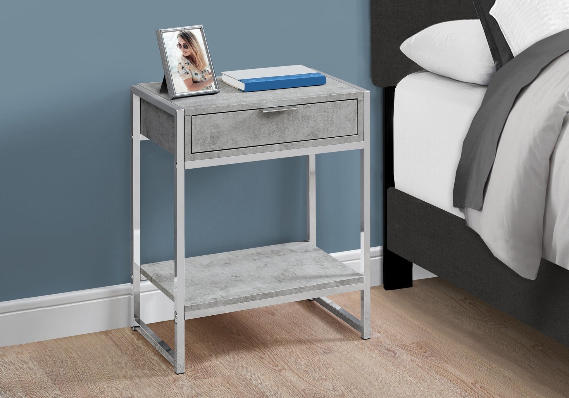 24" Silver And Gray Wood And Metal End Table With Drawer And Shelf