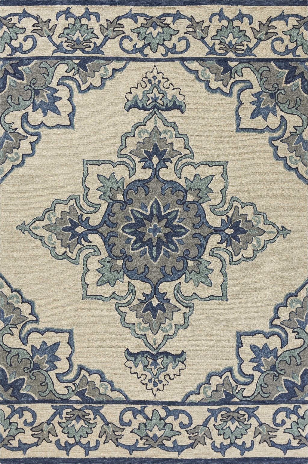 5' x 7' Ivory or Blue Vines Bordered UV Treated Indoor Outdoor Area Rug
