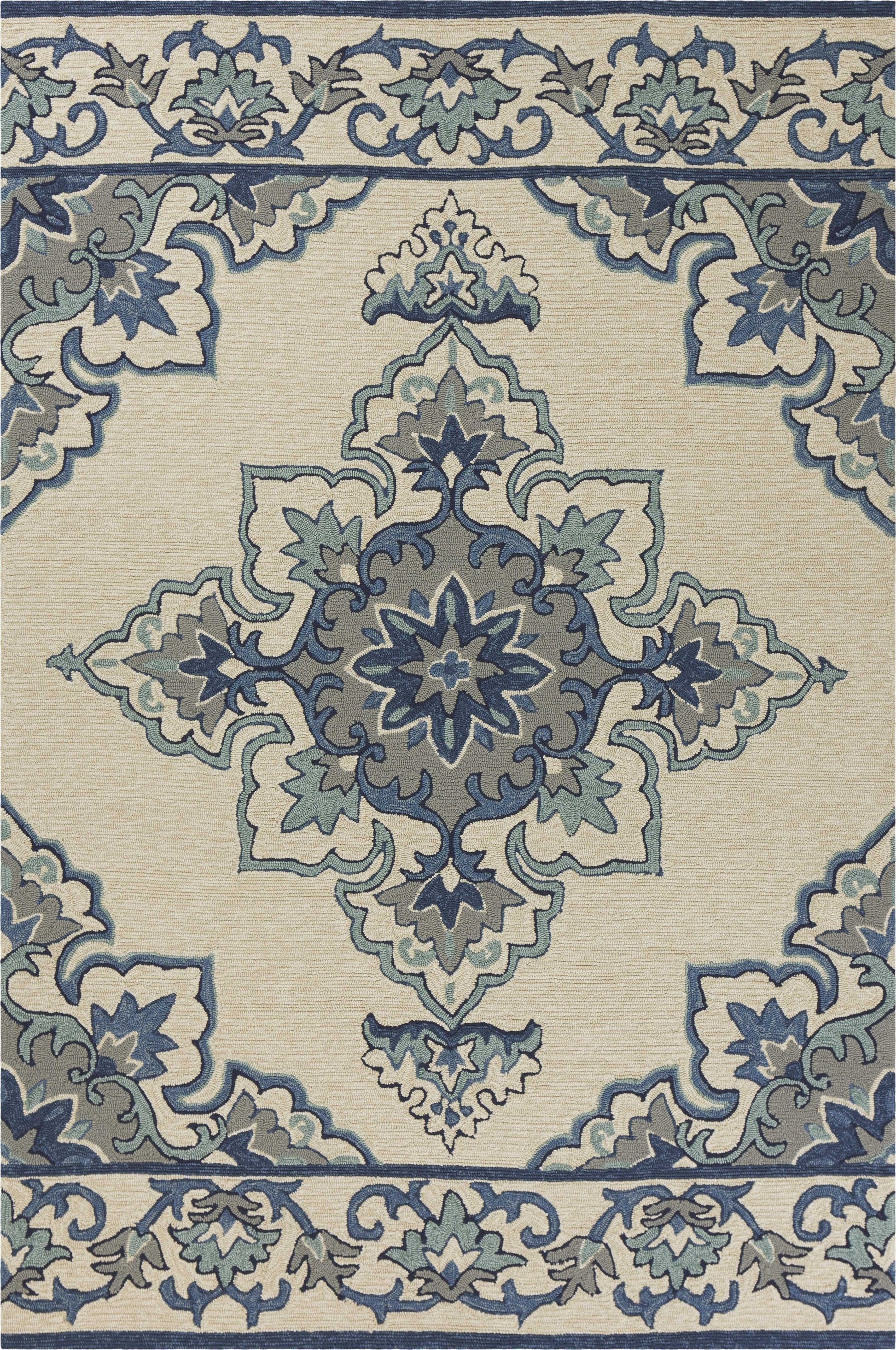 5' x 7' Ivory or Blue Vines Bordered UV Treated Indoor Outdoor Area Rug