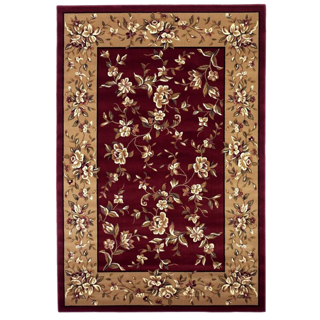 Red Beige Machine Woven Traditional Floral Octagon Indoor Area Rug