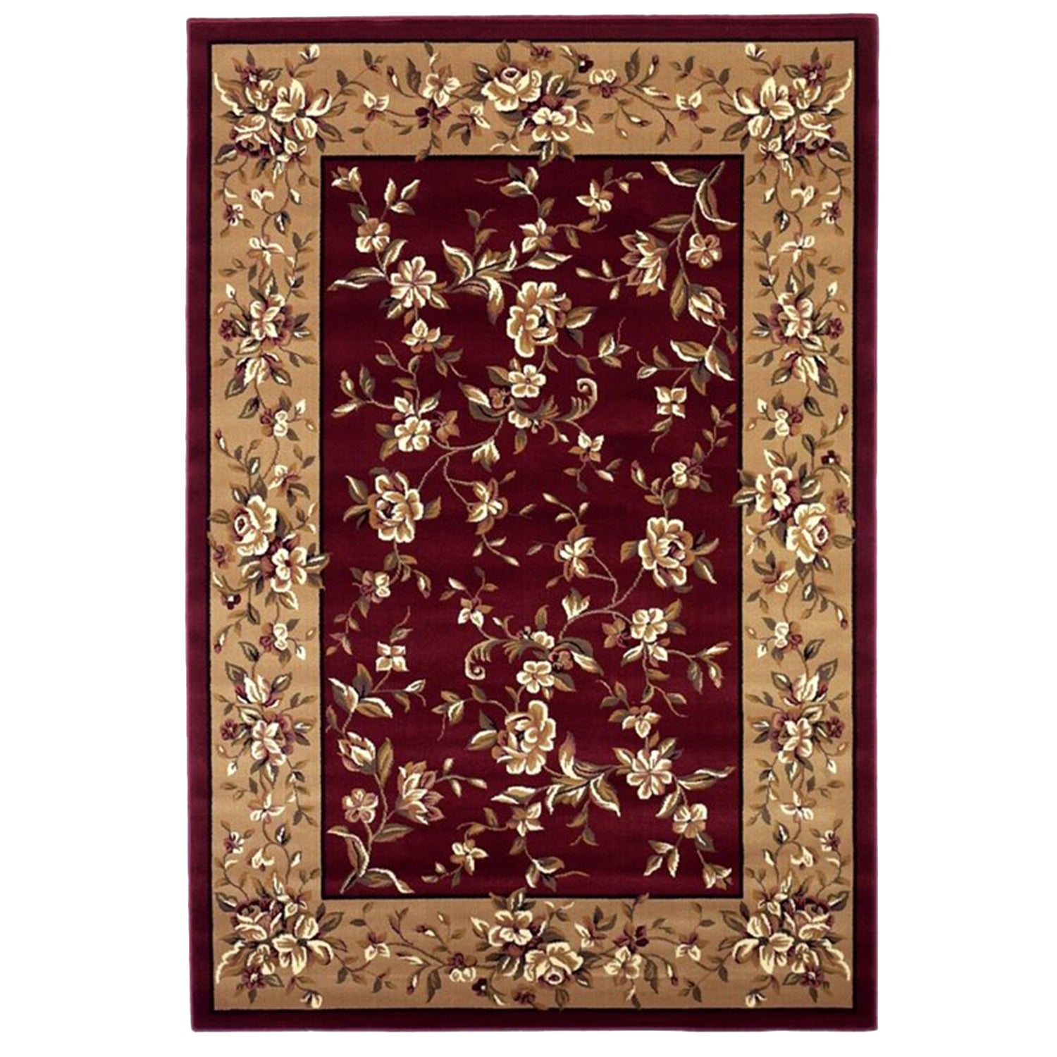 Red Beige Machine Woven Traditional Floral Octagon Indoor Area Rug