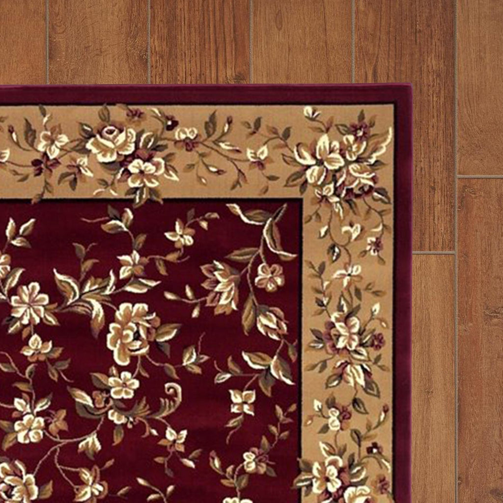 Red Beige Machine Woven Traditional Floral Octagon Indoor Area Rug