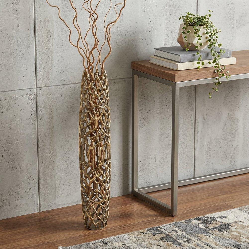 32" Aluminum Gold Twigs Cylinder Floor Vase